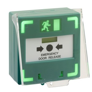 CP3-LSRC Triple pole surface green resettable break glass unit with LED, sounder and protective cover